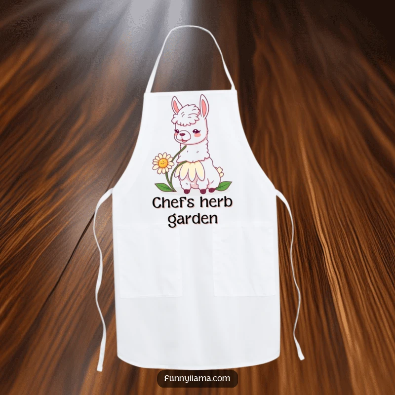 Funny llama daisy apron featuring a contented llama munching on a giant daisy, perfect for kitchen humor.