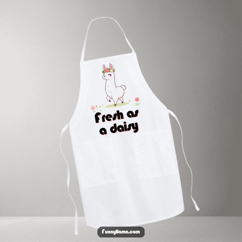 Funny Llama Apron: A humorous apron showcasing a stylized llama with a flower crown twirling joyfully in a meadow.