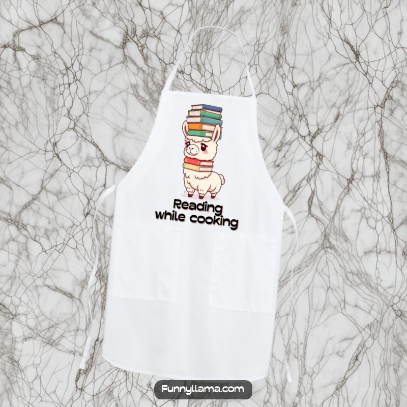 Funny Determined Llama Apron showing a llama balancing oversized books on its head, ideal for kitchen tasks requiring focus.
