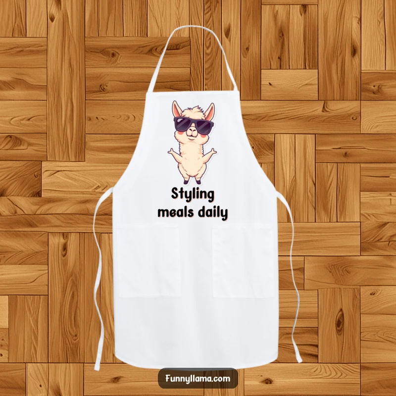 Funny llama apron showing a goofy llama in oversized sunglasses, perfect for kitchen humor and cooking adventures.