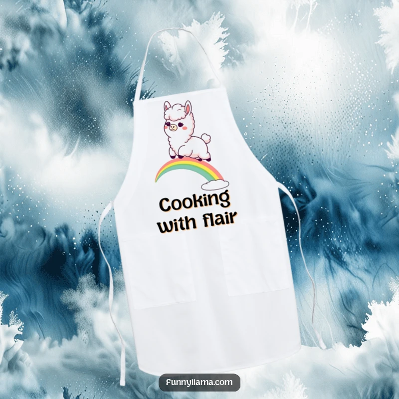 Funny Llama Apron: A humorous apron showcasing a fluffy llama with a goofy grin leaping over a rainbow, perfect for cooks.