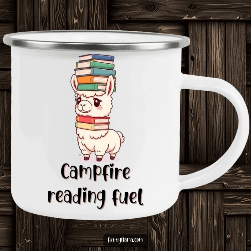 Funny Determined Llama Camping Mug showing a llama balancing large books, ideal for outdoor thinkers and learners.