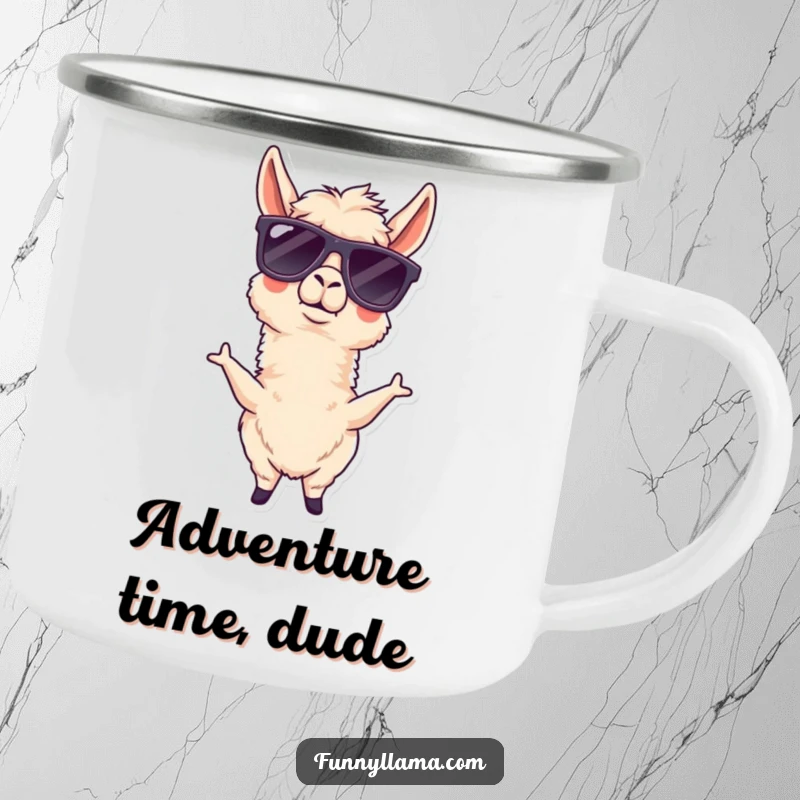 Funny llama camping mug featuring a goofy llama wearing oversized sunglasses, perfect for outdoor humor.