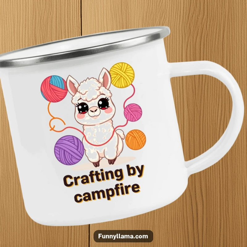 Funny Llama Camping Mug: A sturdy mug featuring a cheerful llama juggling colorful yarn balls, perfect for outdoor crafting sessions.