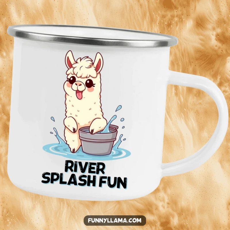 Funny Splashing Llama Camping Mug showing a llama with its tongue out, playfully splashing water, ideal for outdoor fun enthusiasts.