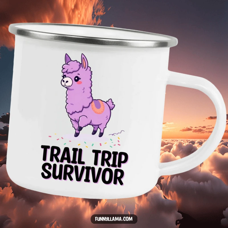 Funny Tripping Llama Camping Mug showing a purple llama tripping with colorful confetti, ideal for humorous outdoor enthusiasts.