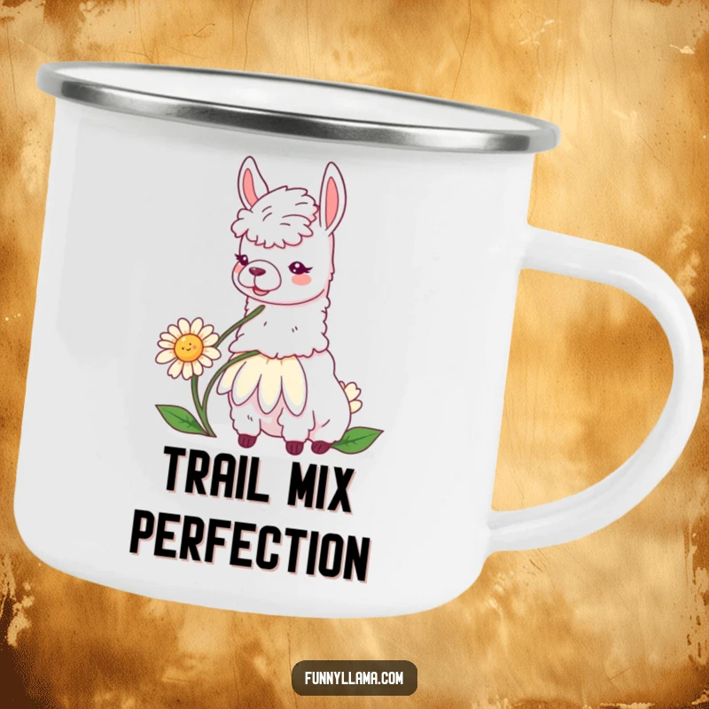 Funny llama daisy camping mug featuring a contented llama munching on a giant daisy, perfect for peaceful outdoor sips.