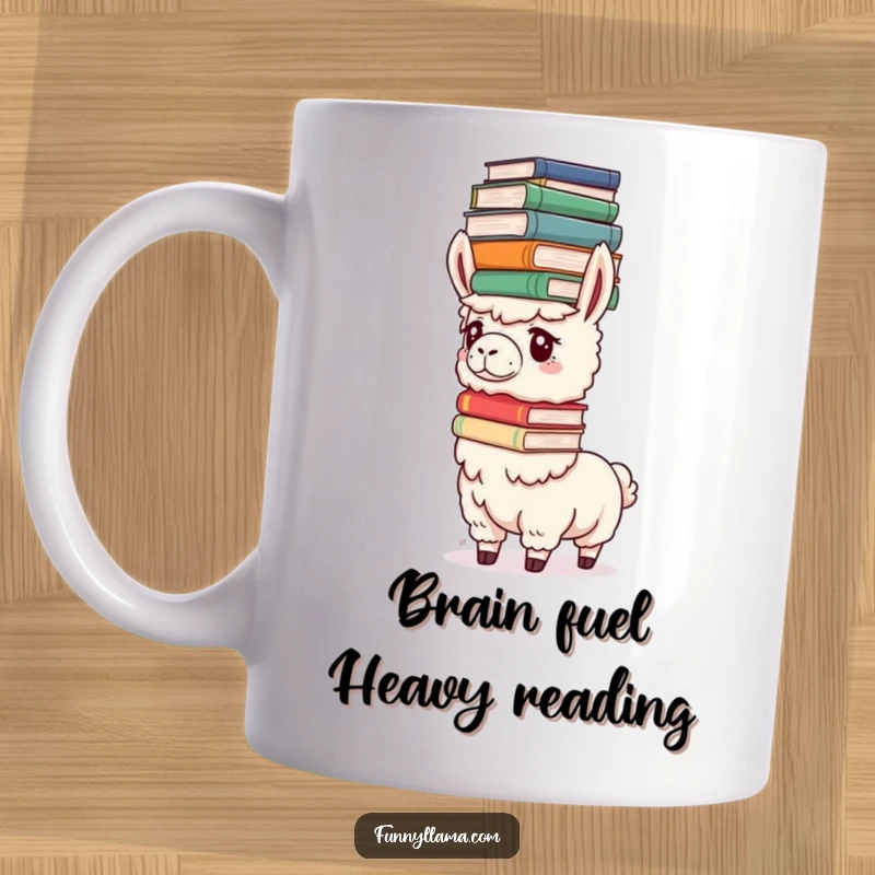 Funny Determined Llama Mug showing a llama with its tongue out, focused on balancing oversized books on its head, a picture of humorous effort.