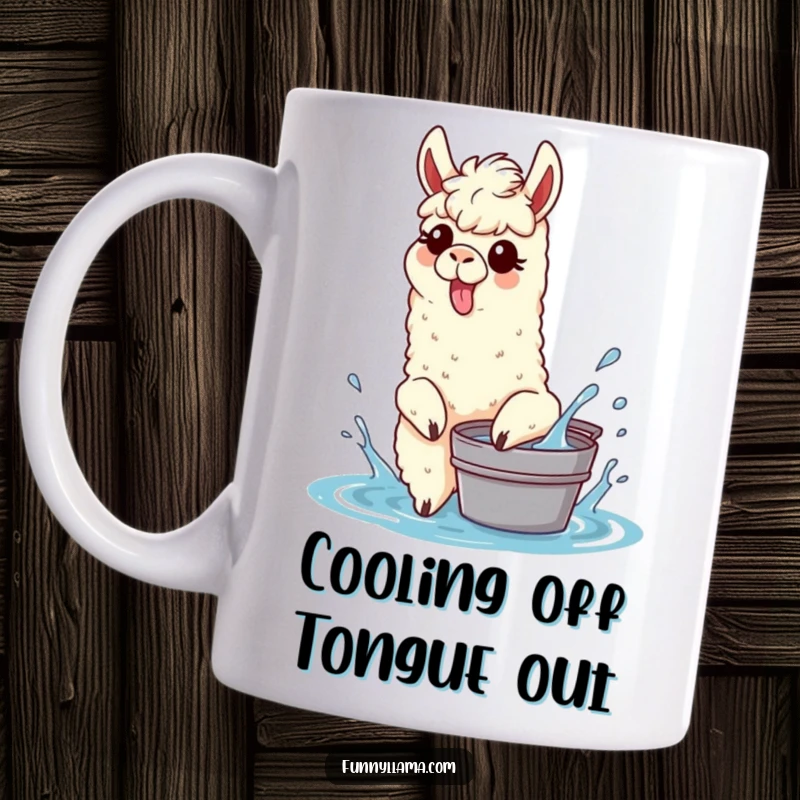 Funny Splashing Llama Mug featuring a llama with its tongue sticking out, playfully splashing water from a bucket, full of mischief.