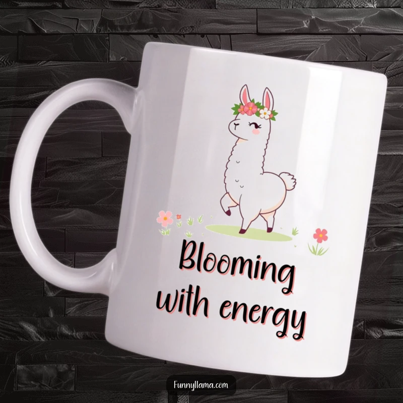 Funny Llama Mug: A stylized llama wearing a flower crown twirls excitedly in a vibrant meadow, exuding pure joy.