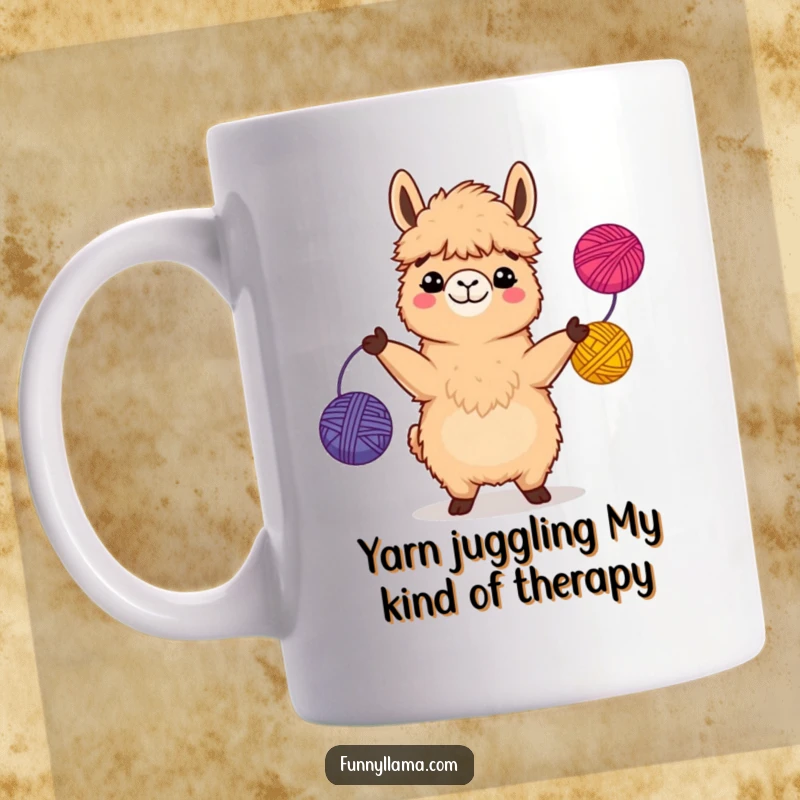 Funny Llama Mug featuring a fuzzy brown llama with a comical grin, expertly juggling colorful yarn balls, perfect for a cheerful morning.