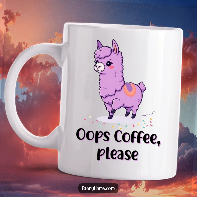 Funny Tripping Llama Mug showing a purple llama stumbling with colorful confetti trailing behind, expressing comical misfortune.