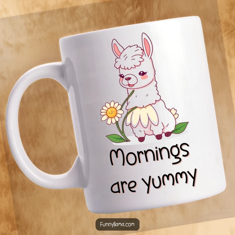 Funny llama mug with a contented llama peacefully munching on a giant daisy, conveying serene humor.