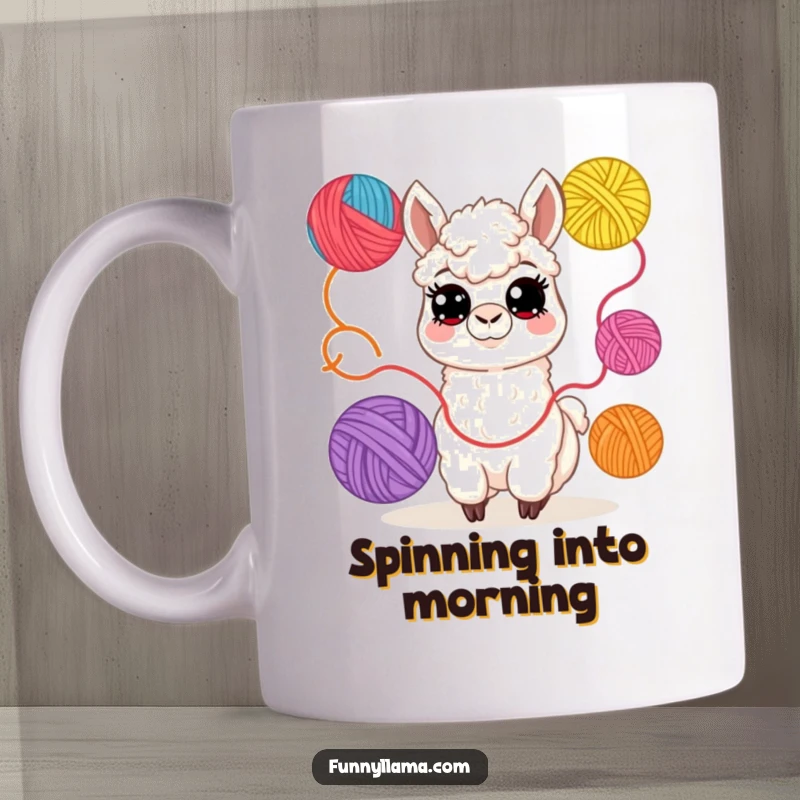 Funny Llama Mug: A cheerful llama with wide eyes playfully juggles multiple colorful balls of yarn in a cute, whimsical design.