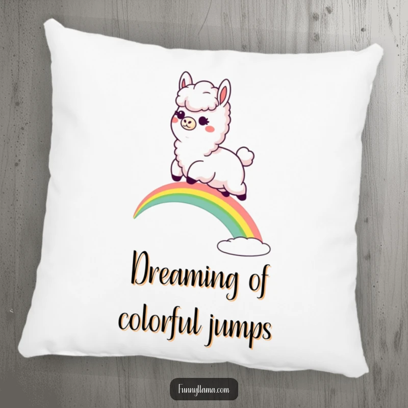 Funny Llama Pillow: A soft, decorative pillow featuring a fluffy llama with a goofy grin leaping over a rainbow.