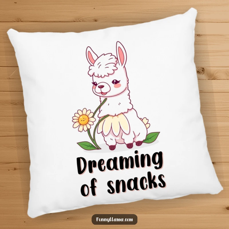 Funny llama daisy pillow depicting a contented llama eating a giant daisy, offering cozy and humorous decor.