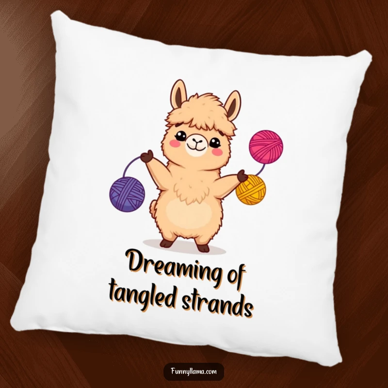 Funny Llama Pillow displaying a fuzzy brown llama with a comical grin, juggling colorful yarn balls, perfect for adding humor to furniture.