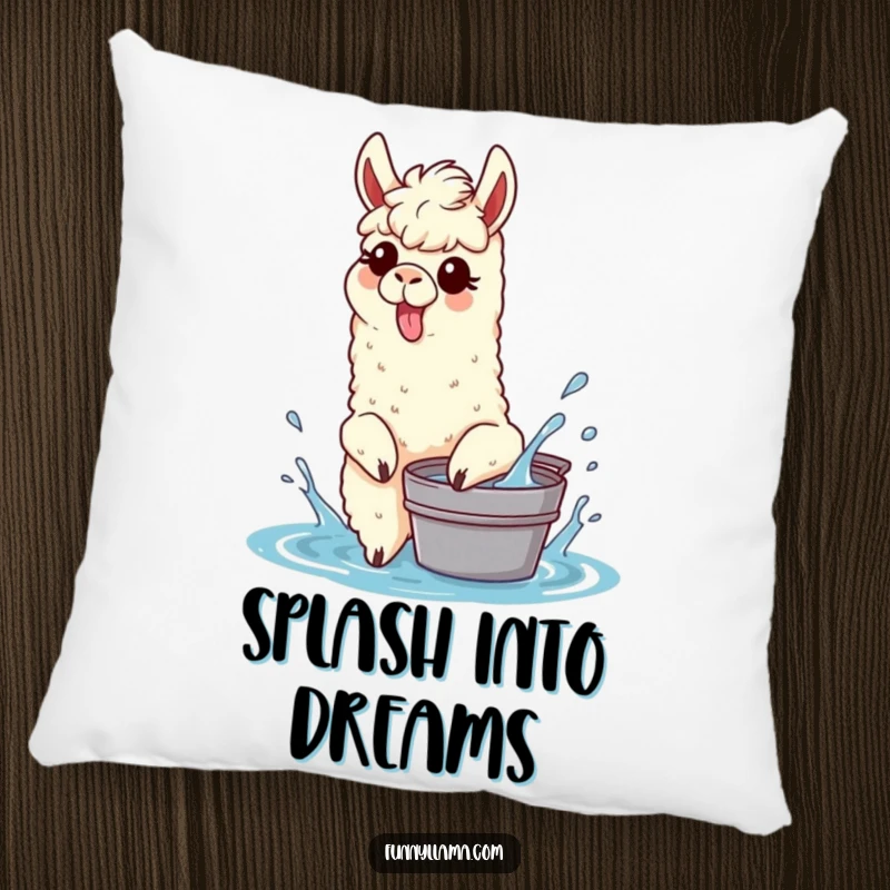 Funny Splashing Llama Pillow with a llama sticking its tongue out, playfully splashing water from a bucket, perfect for adding fun.