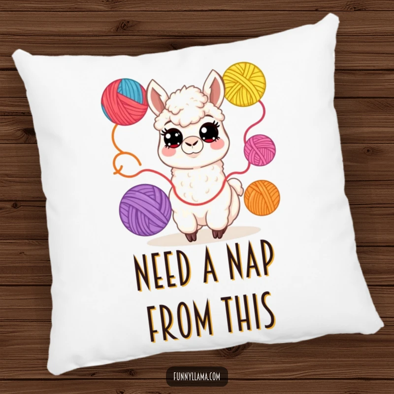 Funny Llama Pillow: A plush pillow featuring a cheerful llama playfully juggling colorful balls of yarn, offering comfort and humor.