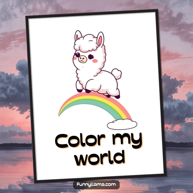 Funny Llama Digital Art: Whimsical illustration of a fluffy llama with a goofy grin leaping over a rainbow, for instant decor.