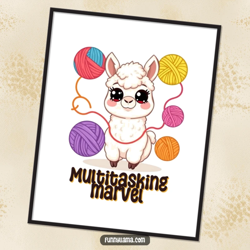 Funny Llama Digital Art: Whimsical illustration of a cheerful llama juggling colorful yarn balls, for instant crafty decor.