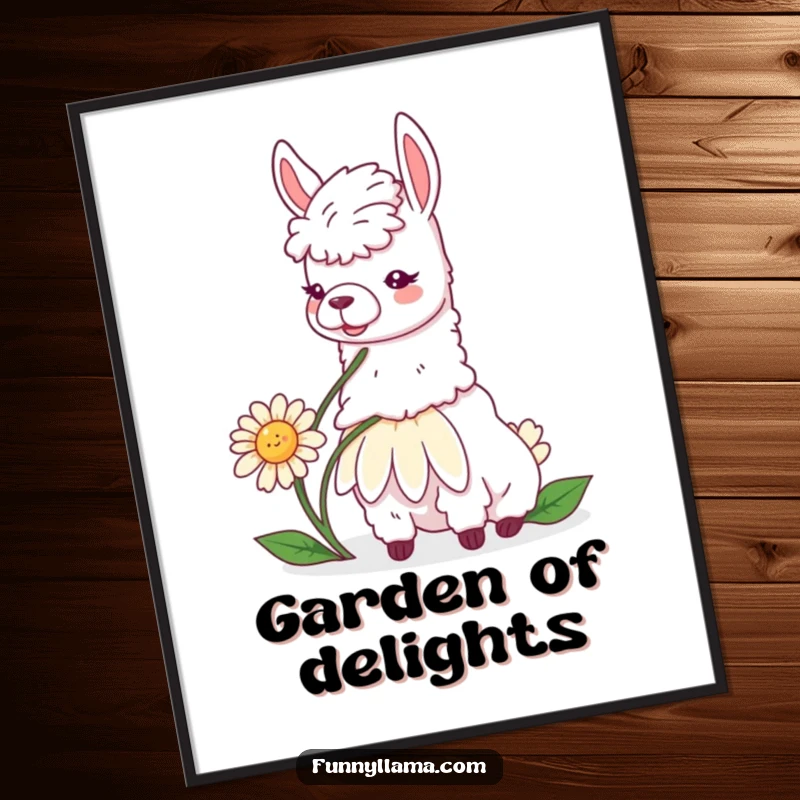 Funny llama daisy digital art print of a contented llama munching on a giant daisy, offering peaceful humor.