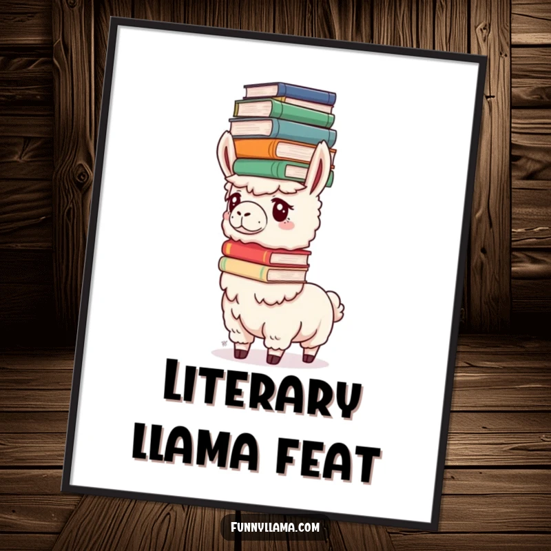 Funny Determined Llama Digital Art Print of a llama balancing oversized books on its head, perfect for instant intellectual decor.