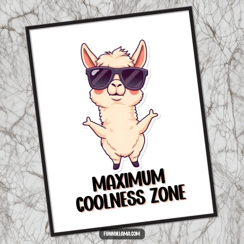 Funny llama digital art print featuring a goofy llama wearing oversized sunglasses, striking a hilarious pose.