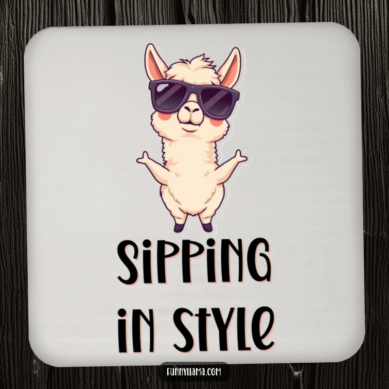 Funny llama coasters featuring a goofy llama in oversized sunglasses, adding a touch of humor to your table.