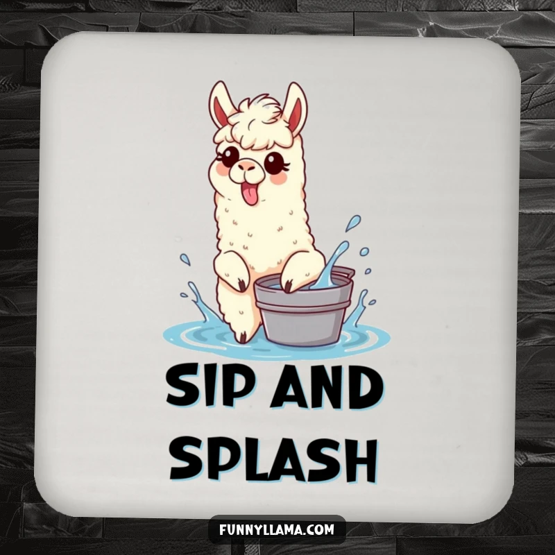 Funny Splashing Llama Coaster with a llama sticking its tongue out and splashing water, adding playful humor to tables.