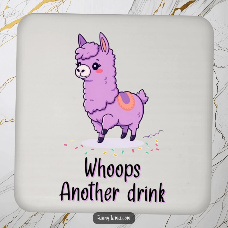 Funny Tripping Llama Coaster with a purple llama tripping amidst colorful confetti, offering humorous surface protection.