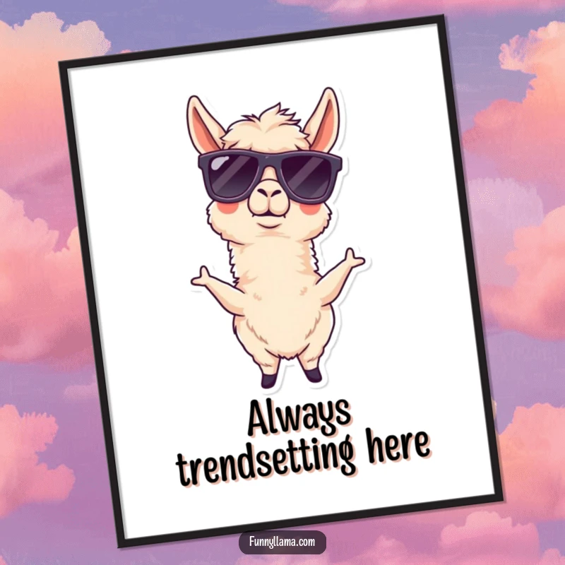 Funny llama poster showcasing a goofy llama in oversized sunglasses, striking a hilarious pose, perfect wall decor.