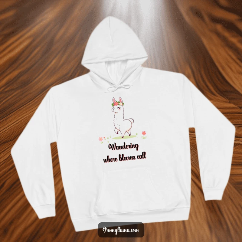 Funny Llama Hoodie: A cozy hoodie featuring a stylized llama with a flower crown twirling joyfully in a meadow.