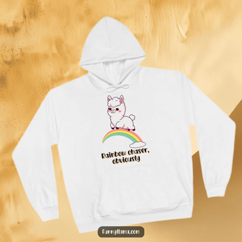 Funny Llama Hoodie: A cozy hoodie featuring a fluffy llama with a goofy grin leaping over a colorful rainbow.