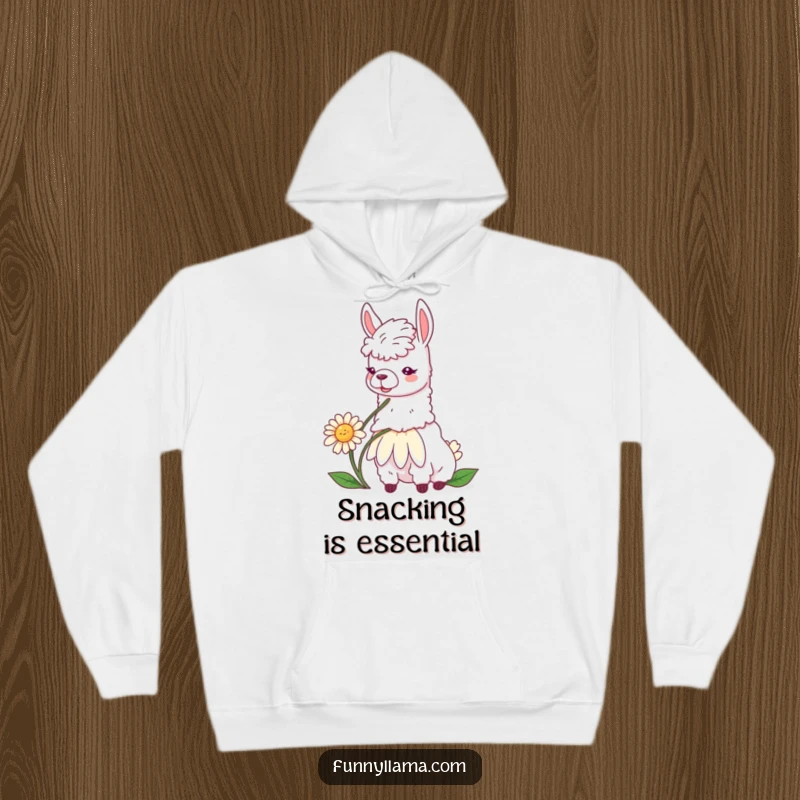 Funny and comfortable hoodie featuring a contented llama munching on a large daisy, offering peaceful humor.