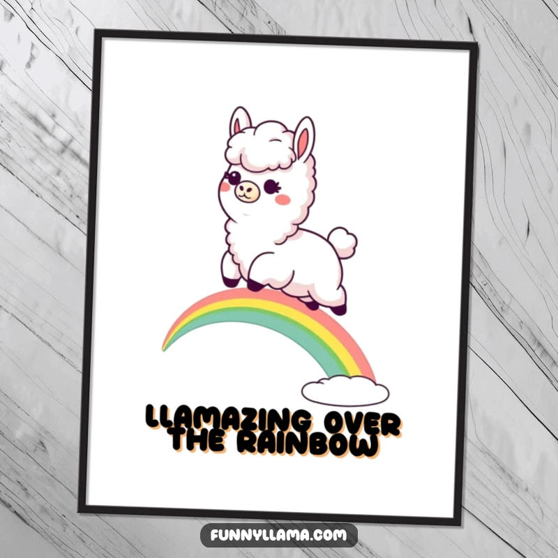 Funny Free Printable Llama Rainbow Wall Art: Fluffy llama with a goofy grin leaps over a vibrant rainbow, whimsical decor.