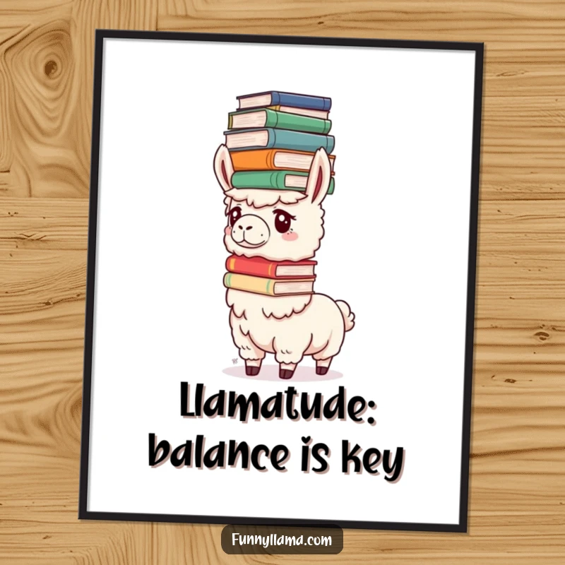 Funny Free Printable Wall Art: A determined llama focused on balancing a tall stack of oversized books on its head, embodying concentration.