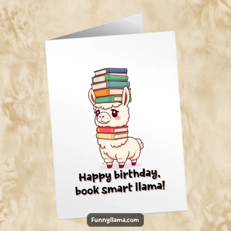 Funny Free Printable Birthday Card: A determined llama attempting to balance a tall stack of oversized books on its head with great focus.