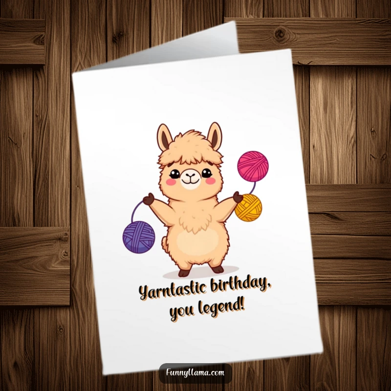 Funny Free Printable Birthday Card: A fuzzy brown llama with a comical grin, expertly juggling three colorful yarn balls with festive cheer.
