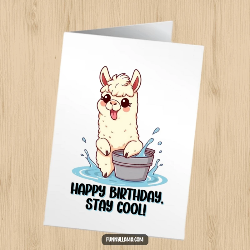 Funny Free Printable Birthday Card: A llama with its tongue sticking out, playfully splashing water from a small bucket, full of mischief.