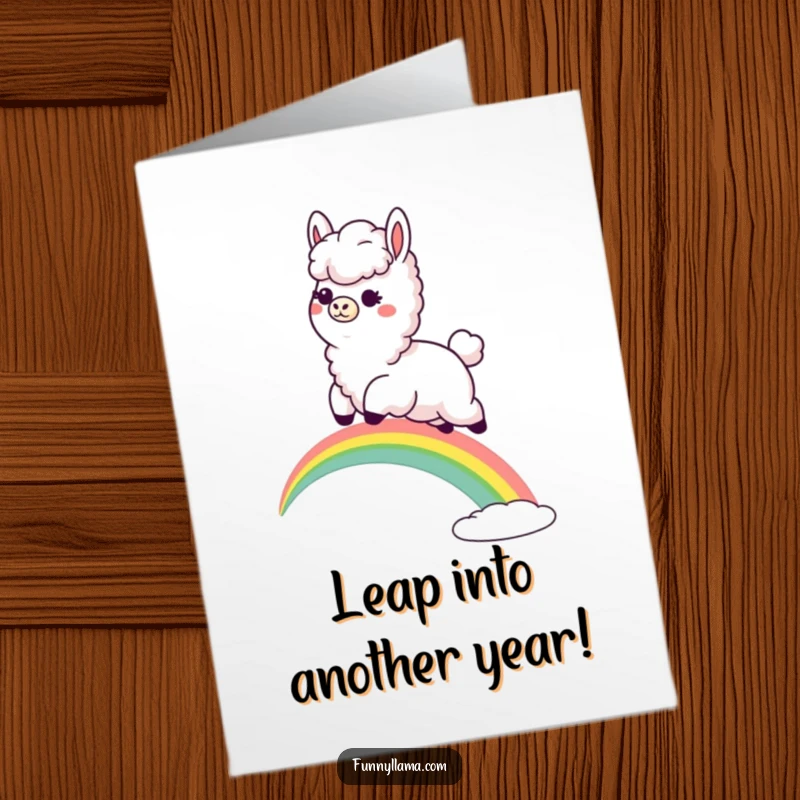 Funny Free Printable Llama Birthday Card: Fluffy llama grins while leaping over a vibrant rainbow, bringing birthday cheer.