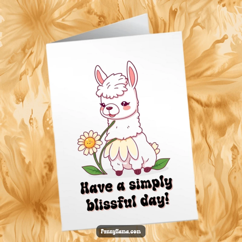 Free Printable Birthday Card: A contented llama peacefully munching on a large, perfect daisy. Serene and happy.