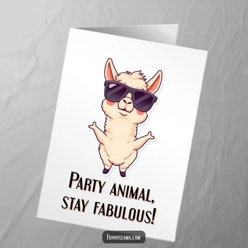 Funny Free Printable Birthday Card: Goofy llama in oversized sunglasses striking a cool, comical pose. Perfect for laughter.