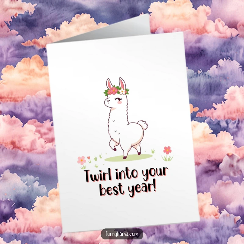 Funny Free Printable Llama Birthday Card: Stylized llama in a flower crown twirls happily in a meadow, perfect for birthdays.
