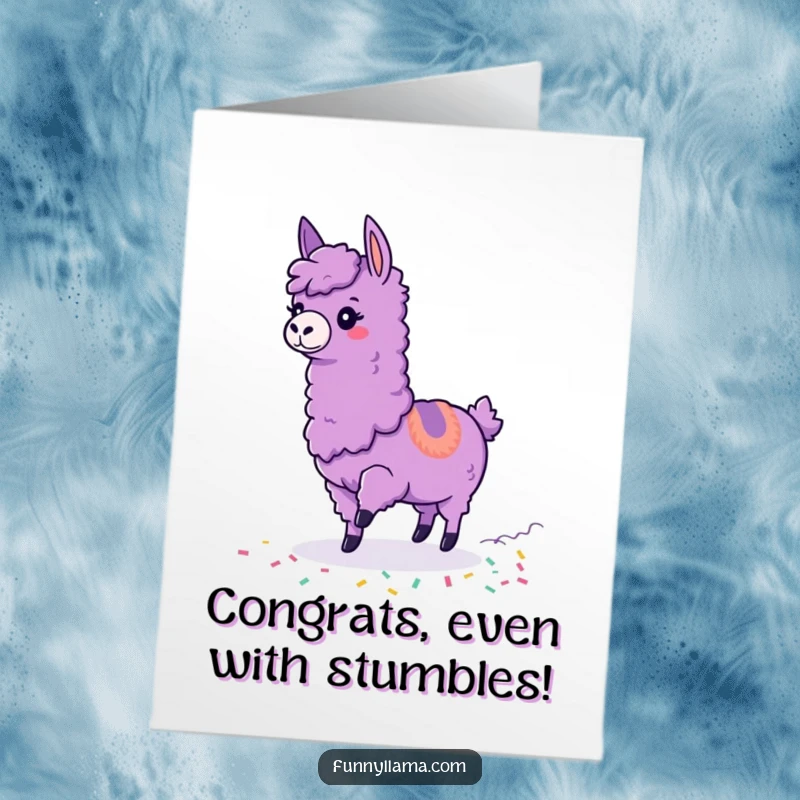 Funny Free Printable Congratulations Card: A purple llama comically tripping over its feet, with a cascade of colorful confetti trailing behind.