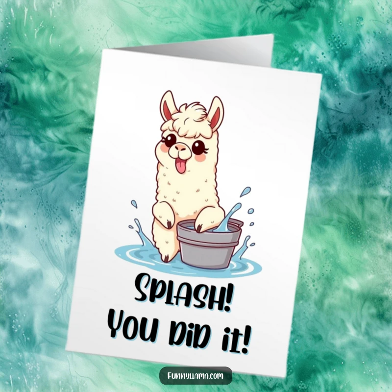 Funny Free Printable Congratulations Card: A llama sticking its tongue out, playfully splashing water from a small bucket in a celebratory mood.
