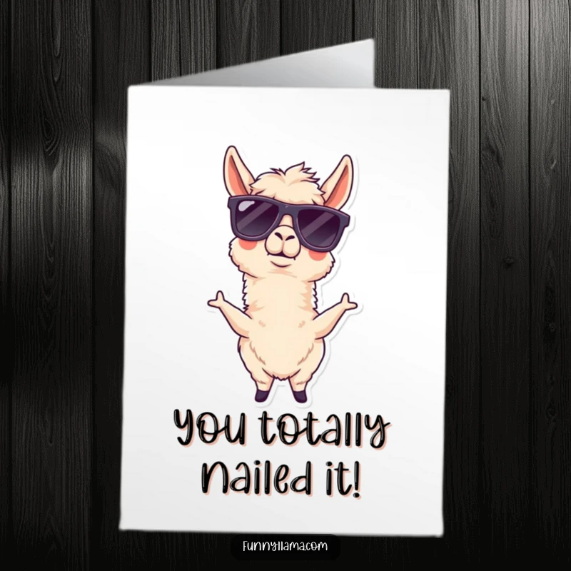Funny Free Printable Congrats Card: Goofy llama sporting giant sunglasses, ready to party and congratulate. Hilarious and exciting.