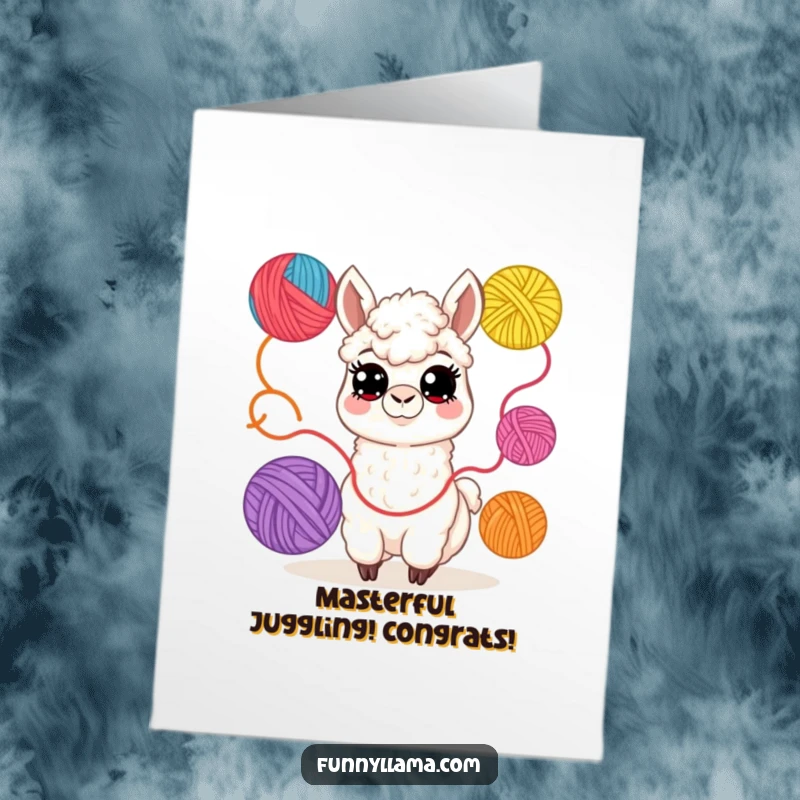 Funny Free Printable Llama Congratulations Card: Cheerful wide-eyed llama juggles yarn, a humorous way to celebrate success.