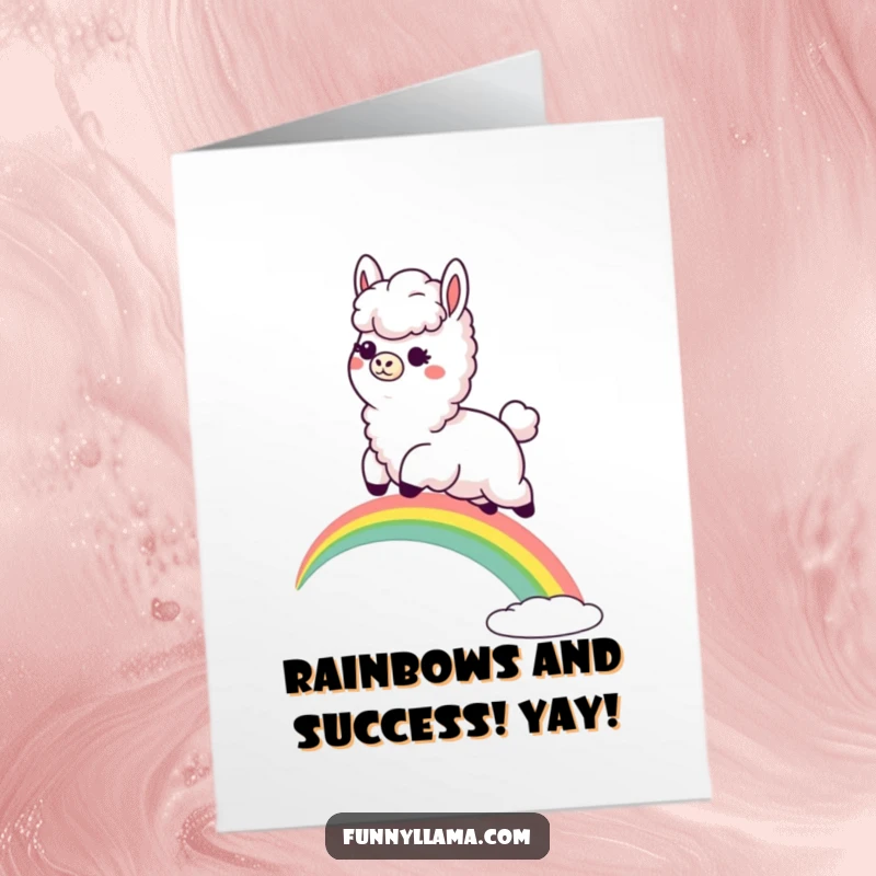 Funny Free Printable Llama Congratulations Card: Goofy llama leaps over a rainbow, a humorous symbol for celebrating success.