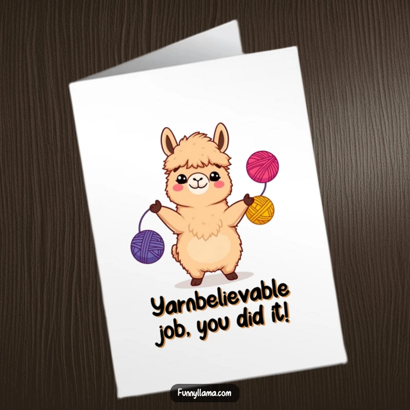 Funny Free Printable Congratulations Card: A fuzzy brown llama with a big grin, impressively juggling three vibrant yarn balls, celebrating success.